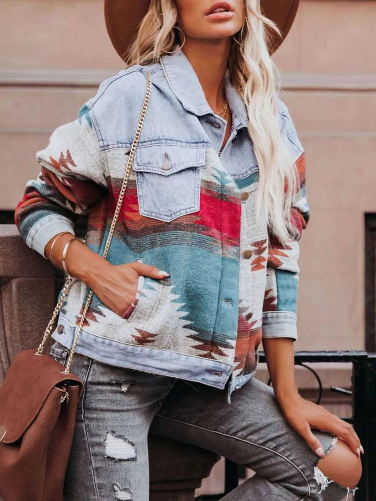 Geometric Print Denim Jacket 100100741713298 68 Affordable Fashion Under $100 Jerry's Apparel 