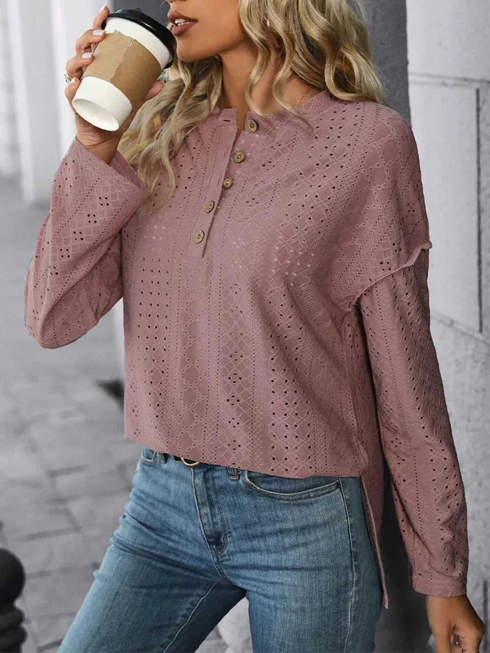 Perfee Eyelet Round Neck Long Sleeve Top 100100546611100 37 Affordable Fashion Under $100 Jerry's Apparel 