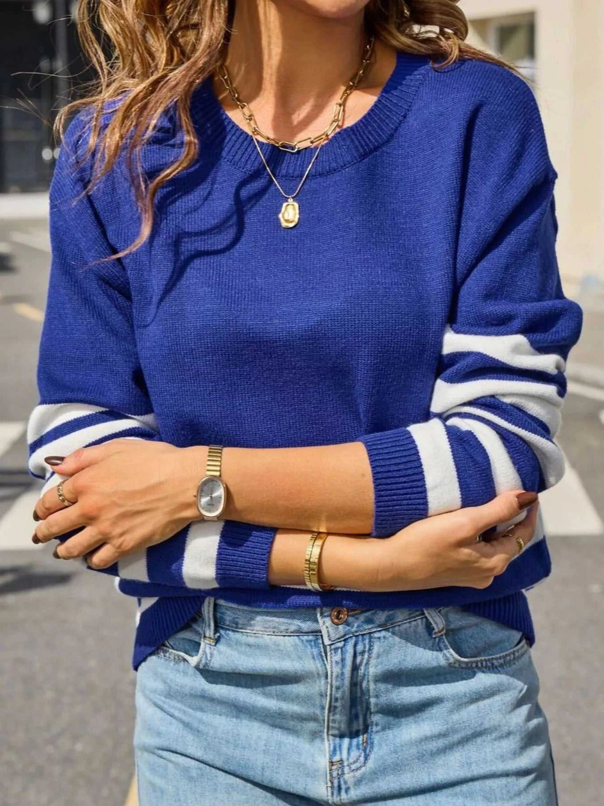 Striped Trim Crew Neck Sweater 100100716857023 49 Affordable Fashion Under $100 Jerry's Apparel 