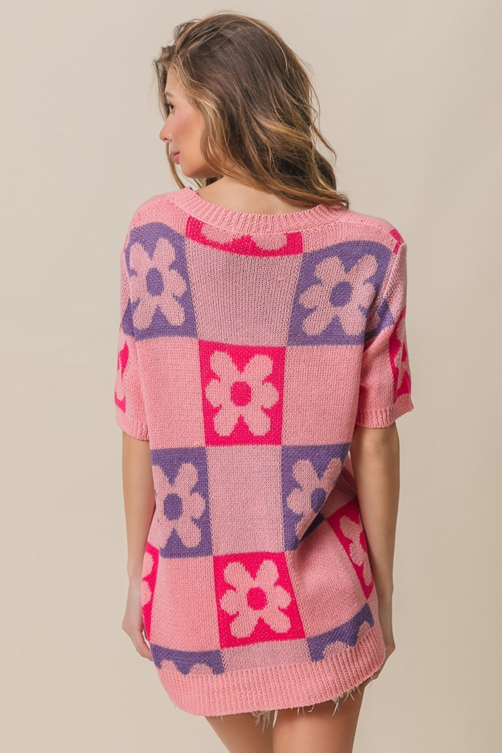 Flower Checker Pattern Short Sleeve Sweater