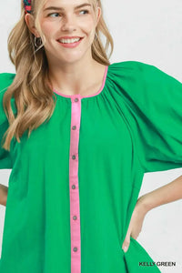 Umgee Contrast Trim Button Front Puff Sleeve Blouse 100100932681970 47 Affordable Fashion Under $100 Jerry's Apparel 