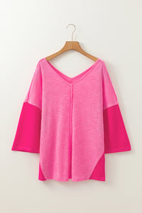 Exposed Seam V-Neck Three-Quarter Sleeve Blouse