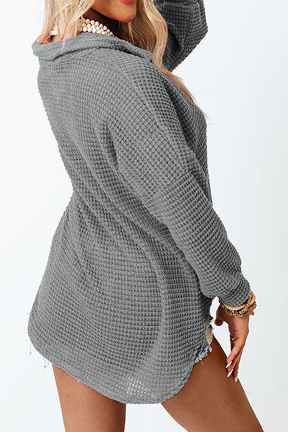 Waffle-Knit Button Up Long Sleeve Shirt with Pocket