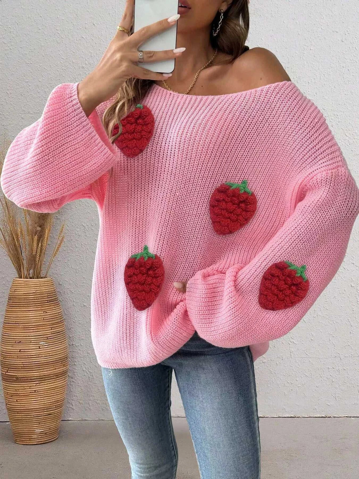 Strawberry Applique Oversized Sweater 101002944514652 38 Affordable Fashion Under $100 Jerry's Apparel 