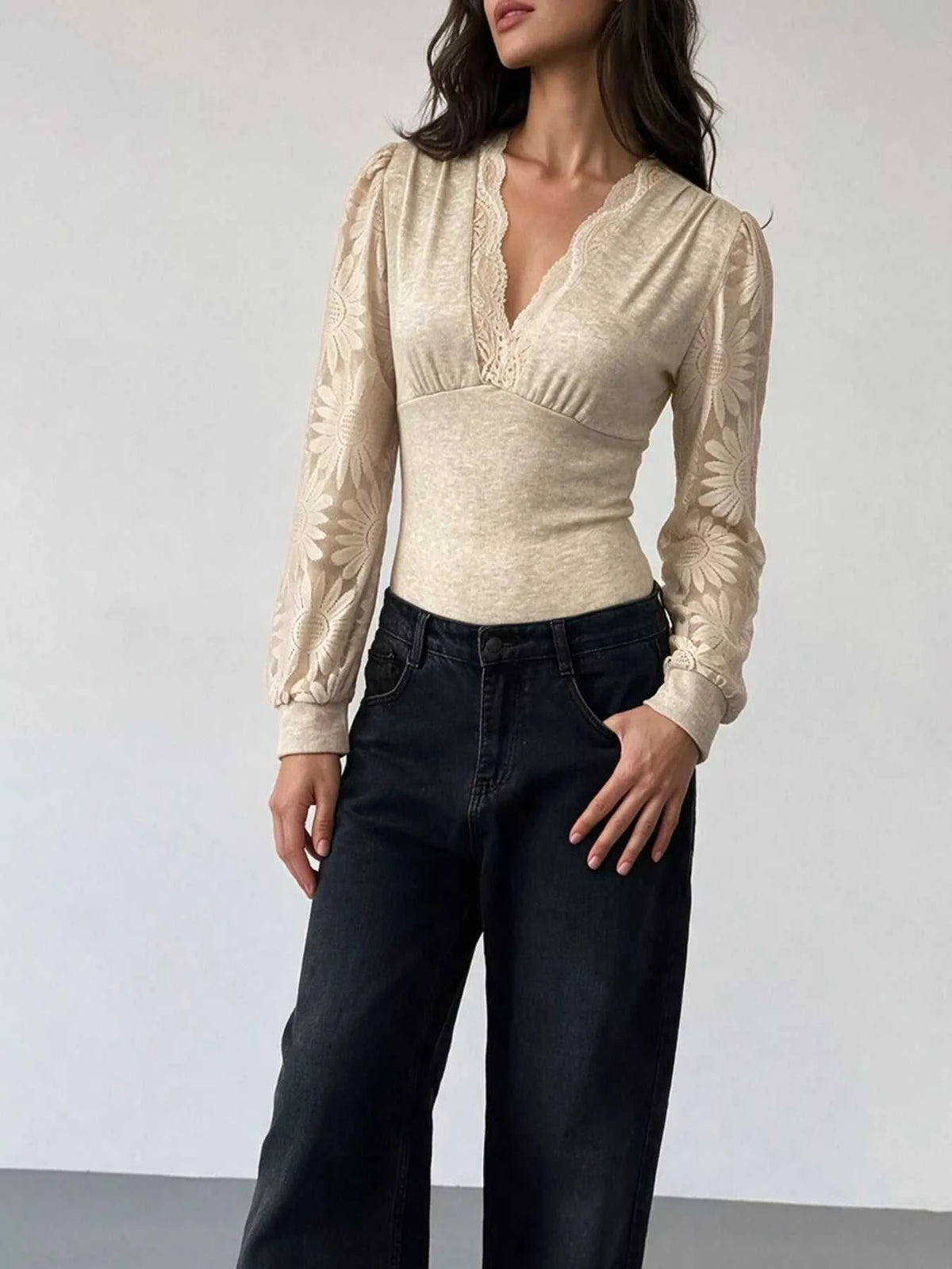 V-Neck Lace Trim Floral Mesh Sleeve Bodysuit 101001744297660 36 Affordable Fashion Under $100 Jerry's Apparel 