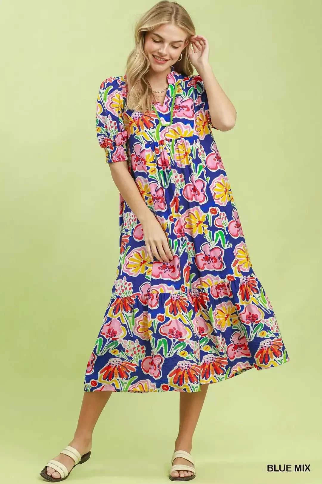 Umgee Floral Print Puff Sleeve Tiered Midi Dress 100100464481430 64 Affordable Fashion Under $100 Jerry's Apparel 