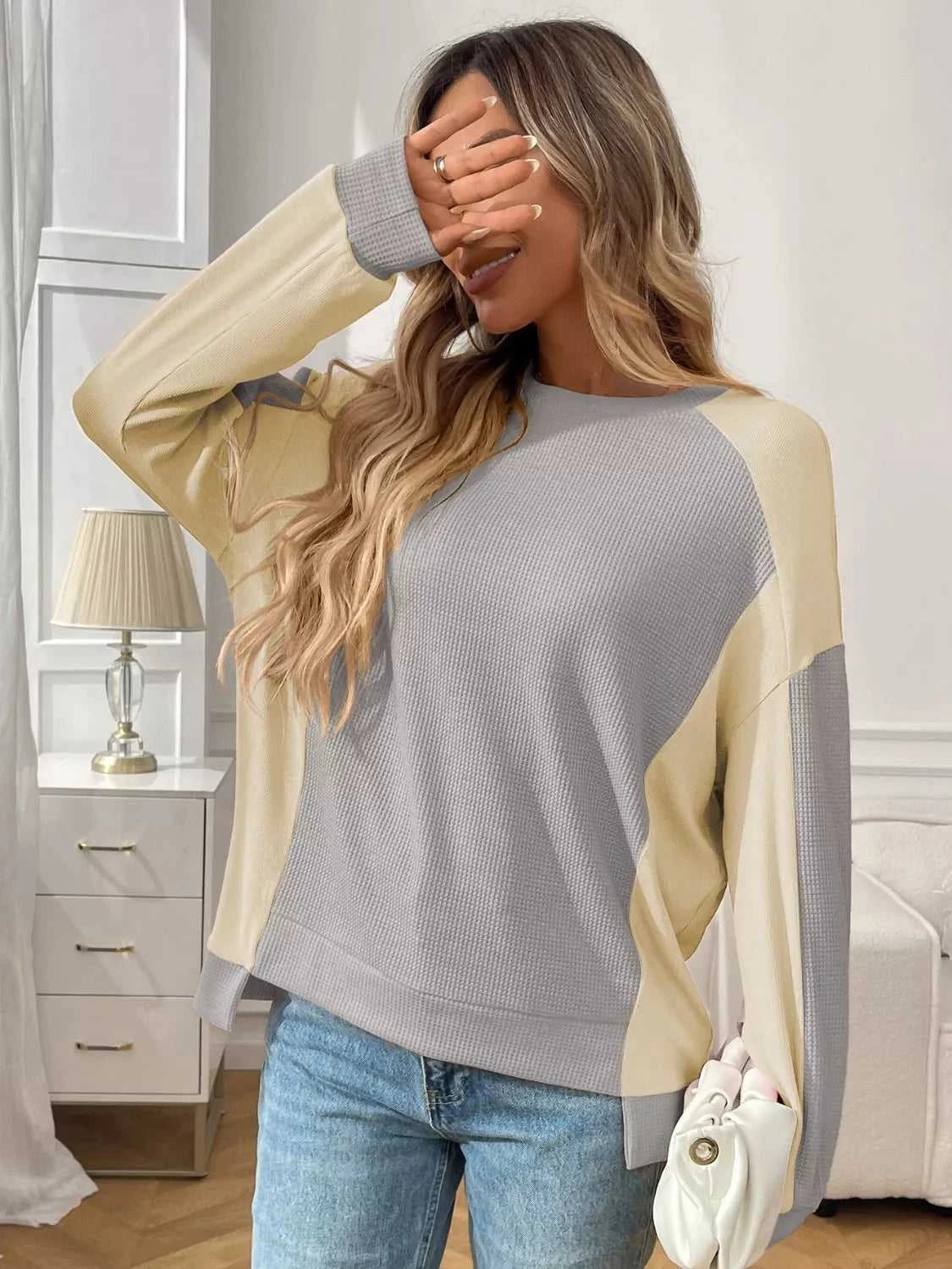 Color Block Waffle Knit Long Sleeve T-Shirt 100100404511401 37 Affordable Fashion Under $100 Jerry's Apparel 