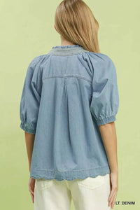 Umgee Textured Puff Sleeve Scallop Hem Blouse 100100035011560 53 Affordable Fashion Under $100 Jerry's Apparel 