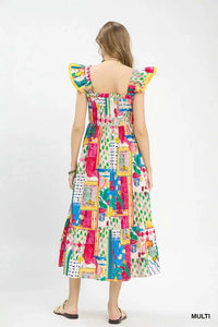 Umgee Abstract Print Smocked Ruffle Sleeve Tiered Midi Dress 100100818101442 66 Affordable Fashion Under $100 Jerry's Apparel 