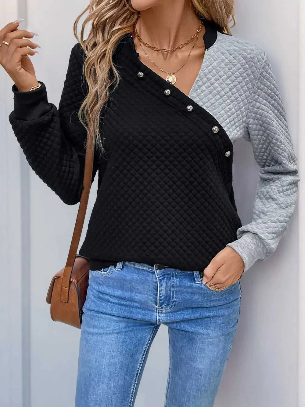 Perfee Decorative Button Contrast Long Sleeve Sweatshirt 100100555151325 26 Affordable Fashion Under $100 Jerry's Apparel 