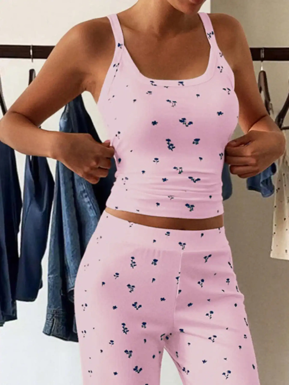 Floral Ribbed Cami and Wide Leg Pants Set 100100257950091 49 Gifts for Her Jerry's Apparel 