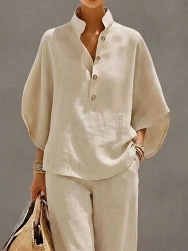 Full Size Button Detail 3/4 Sleeve Top and Pants Set Plus Size 100100971356241 54 Affordable Fashion Under $100 Jerry's Apparel 