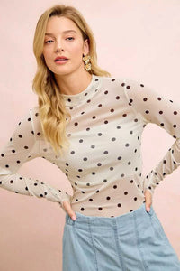 BiBi High Neck Line Polka Dots Mesh Top With Thumb Open 100100247581444 36 Gifts for Her Jerry's Apparel 