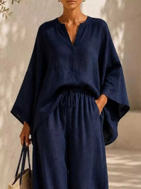 Full Size Notched Long Sleeve Top and Wide-Leg Pants Set Plus Size 100100051091822 45 Affordable Fashion Under $100 Jerry's Apparel 