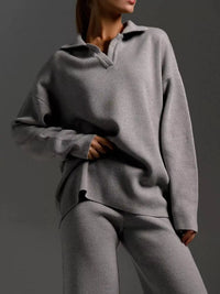 Polo Collar Top and Wide-Leg Pants Set 101001876960393 74 Affordable Fashion Under $100 Jerry's Apparel 
