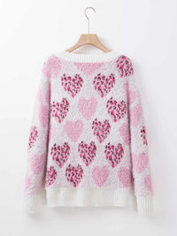 Heart Leopard Pearled Ribbed Trim Fuzzy Sweater 100100337623504 69 Affordable Fashion Under $100 Jerry's Apparel 