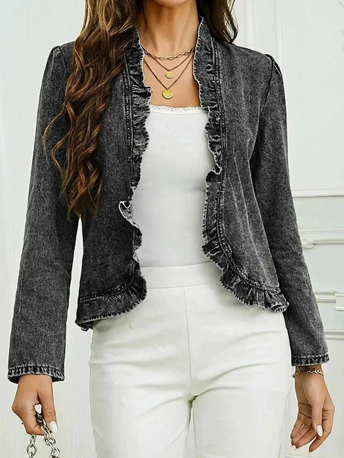 Open Front Ruffled Denim Jacket 100100150080645 49 Affordable Fashion Under $100 Jerry's Apparel 
