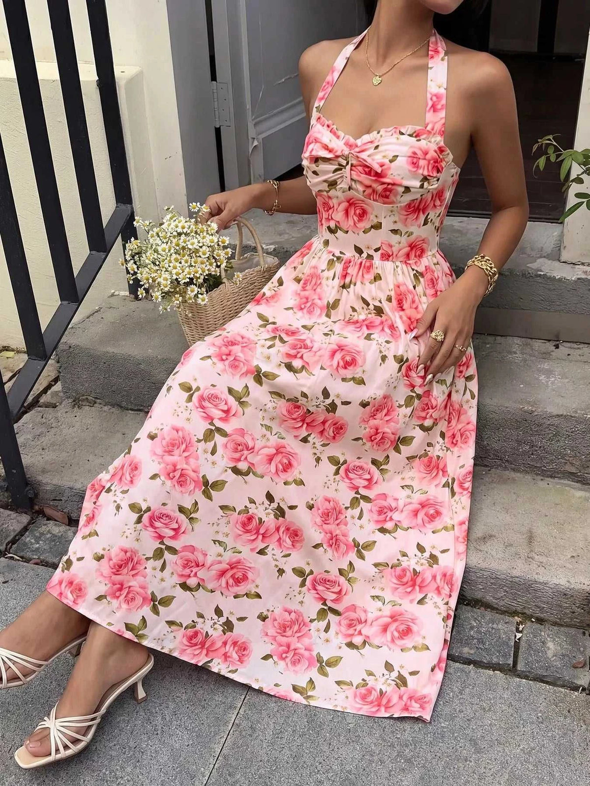 Floral Print Halter Neck Midi Dress 100100495671560 42 Women's Midi Dress Affordable Fashion Under $100 Jerry's Apparel 