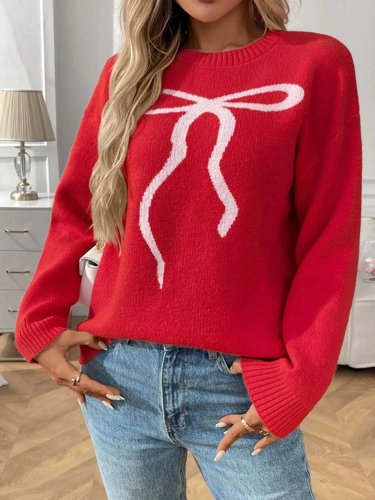 Bow Graphic Ribbed Hem Round Neck Sweater 100100077708604 48 Affordable Fashion Under $100 Jerry's Apparel 