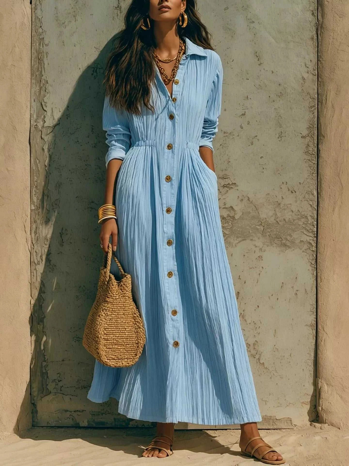 Full Size Textured Button Front Long Sleeve Maxi Dress Plus Size 100100300066352 41 Affordable Fashion Under $100 Jerry's Apparel 
