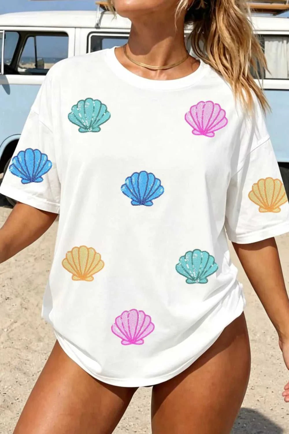 Sequin Shell Graphic Summer Loose T Shirt 100100333002381 36 Affordable Fashion Under $100 Jerry's Apparel 