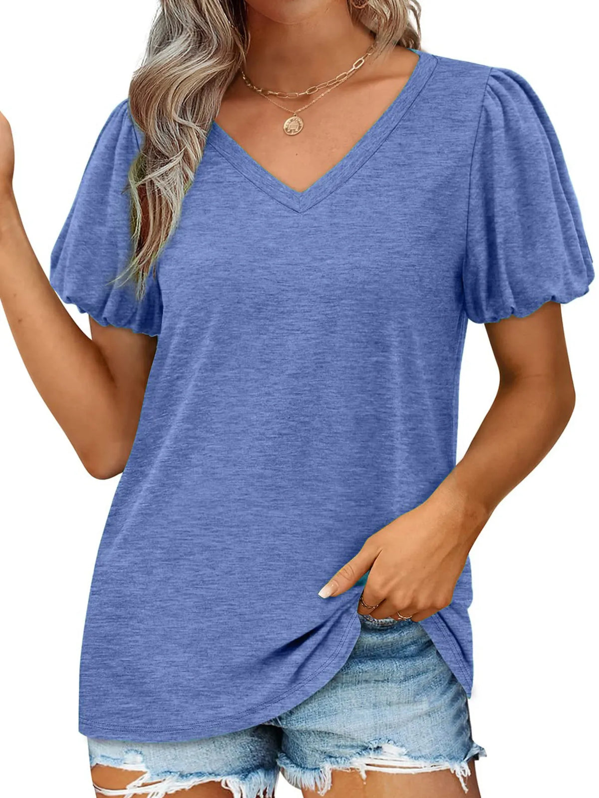 V-Neck Puff Sleeve Casual T-Shirt