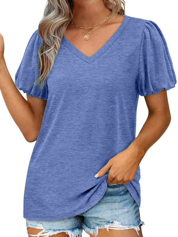 V-Neck Puff Sleeve Casual T-Shirt