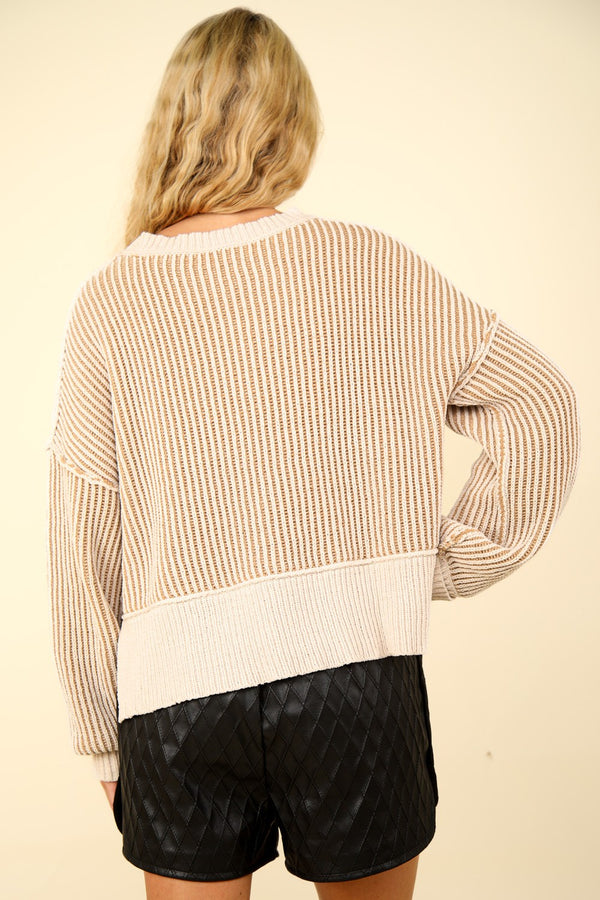 VERY J Exposed Seam Cropped Striped Slit Sweater