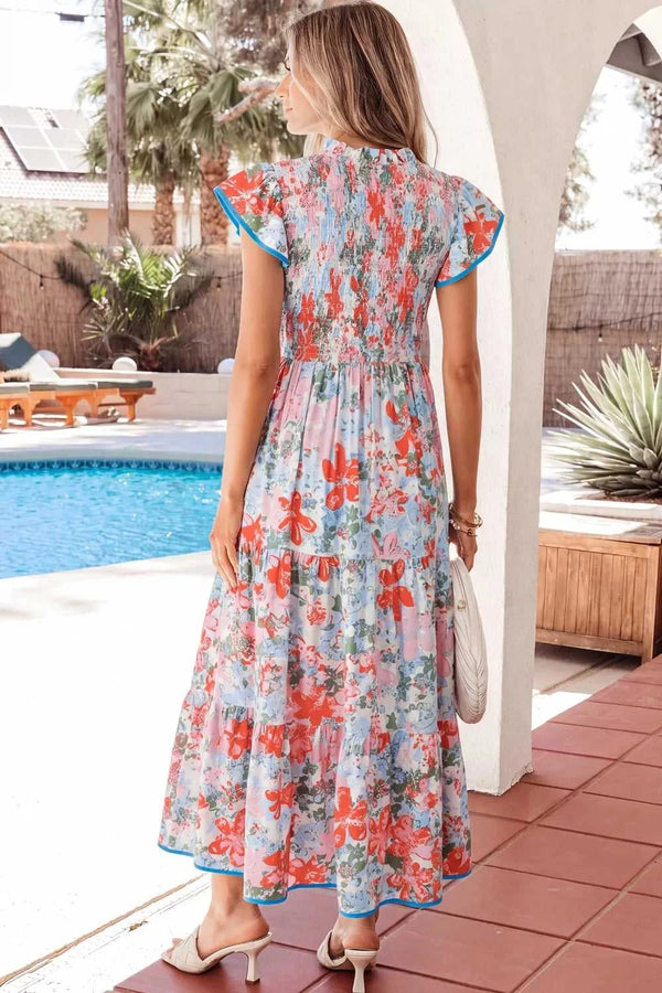 Floral Print V Neck Contrast Trim Flutter Sleeve Long Dress 100100057269818 71 Affordable Fashion Under $100 Jerry's Apparel 