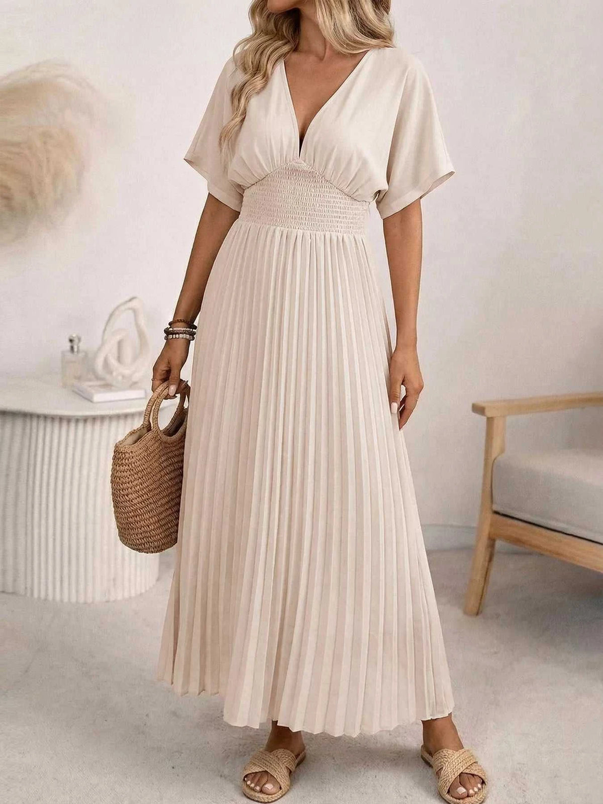 Pleated V-Neck Midi Dress 100100926207857 45 Affordable Fashion Under $100 Jerry's Apparel 