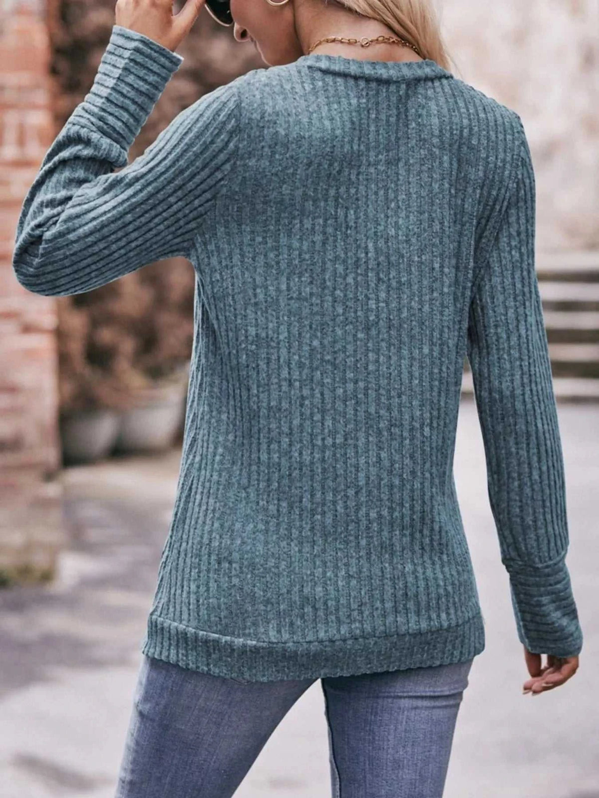 V-Neck Ribbed Knit Long Sleeve T-Shirt 100100748461046 28 Affordable Fashion Under $100 Jerry's Apparel 