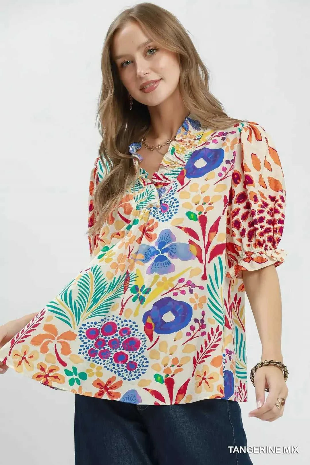 Umgee V-Neck Ruffle Trim Puff Sleeve Top 100100274951331 49 Affordable Fashion Under $100 Jerry's Apparel 