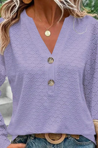 Eyelet Notched Long Sleeve T-Shirt