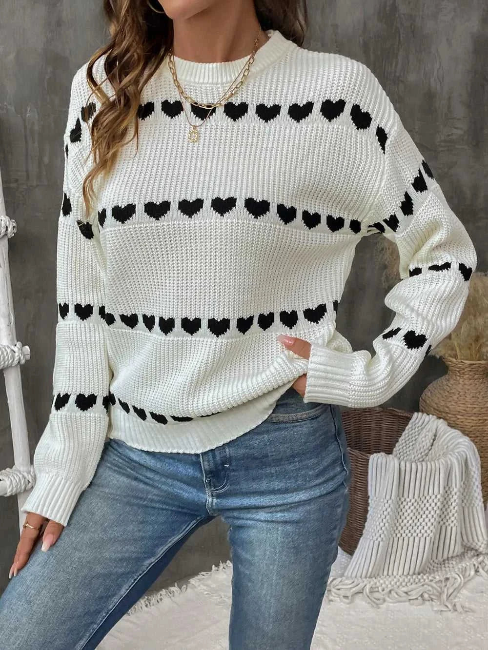 Perfee Heart Round Neck Long Sleeve Sweater 100100823201958 38 Affordable Fashion Under $100 Jerry's Apparel 