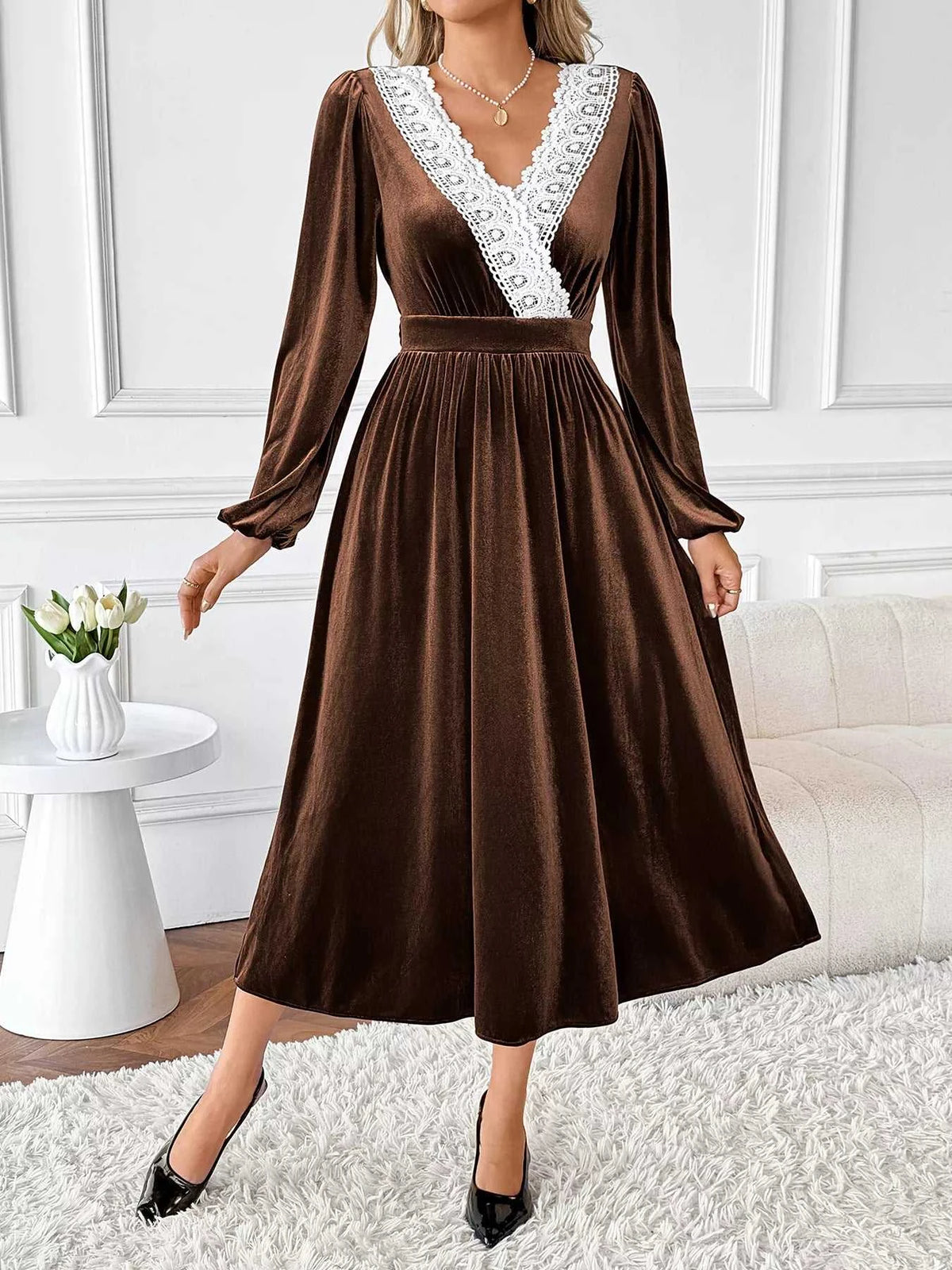 Velvet A-Line Dress with Lace Trim 100100822255548 50 Affordable Fashion Under $100 Jerry's Apparel 