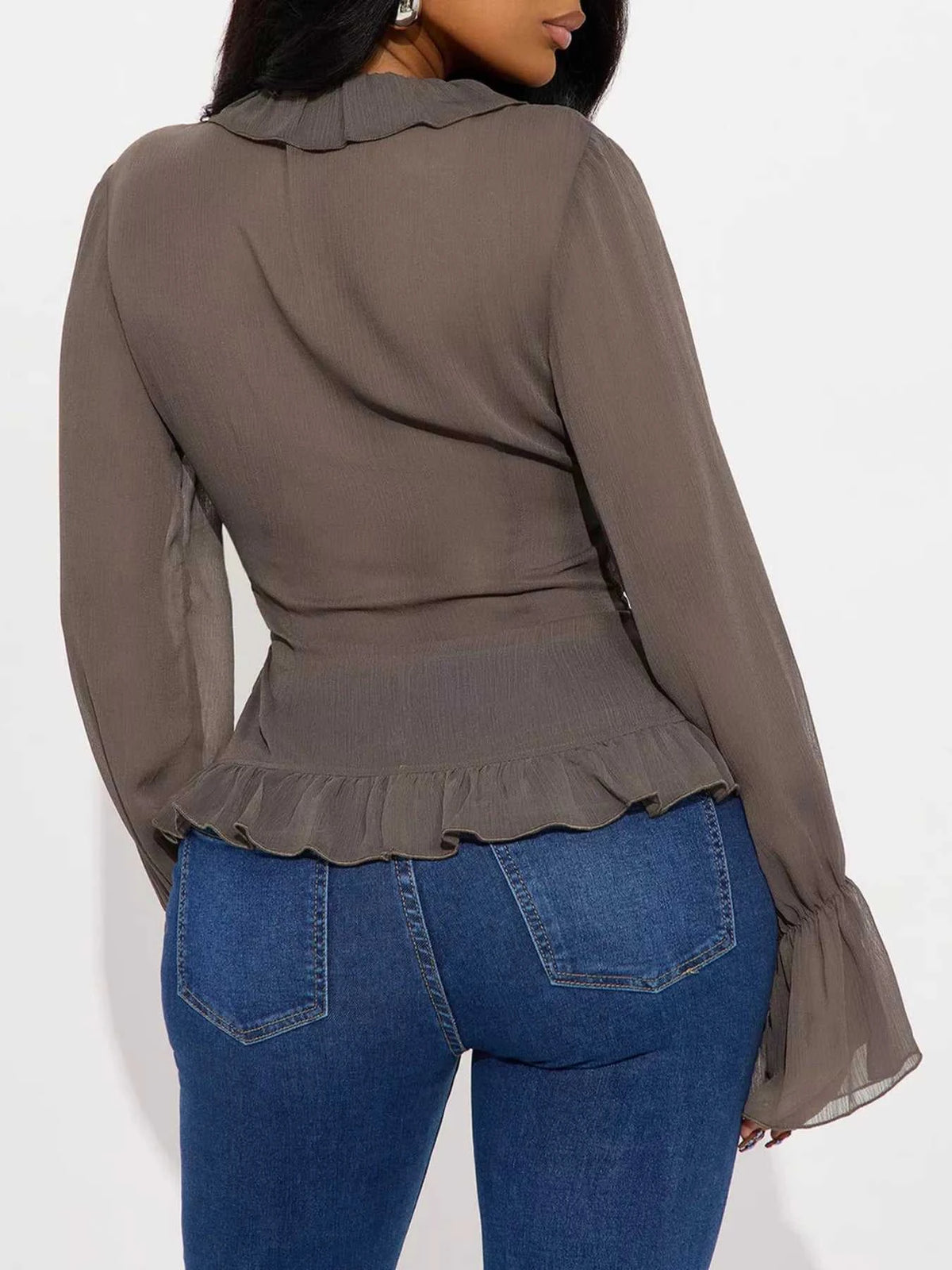 Ruffled V-Neck Long Sleeve Blouse 100100364156339 41 Affordable Fashion Under $100 Jerry's Apparel 