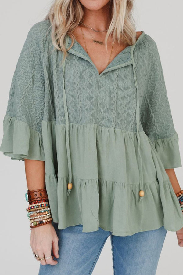 Ruffled Tie Neck Three-Quarter Sleeve Blouse