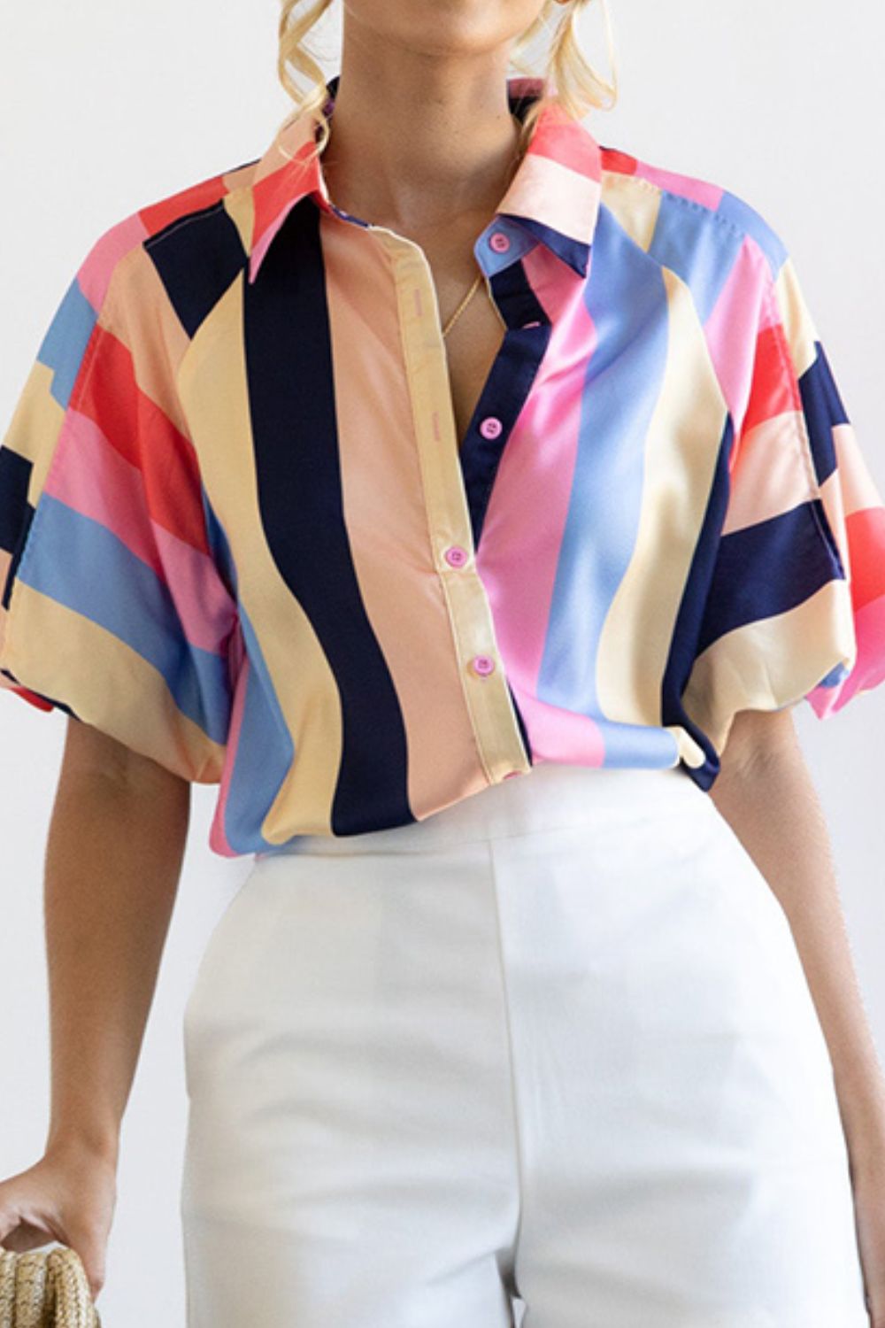 Color Block Button Up Balloon Sleeve Shirt