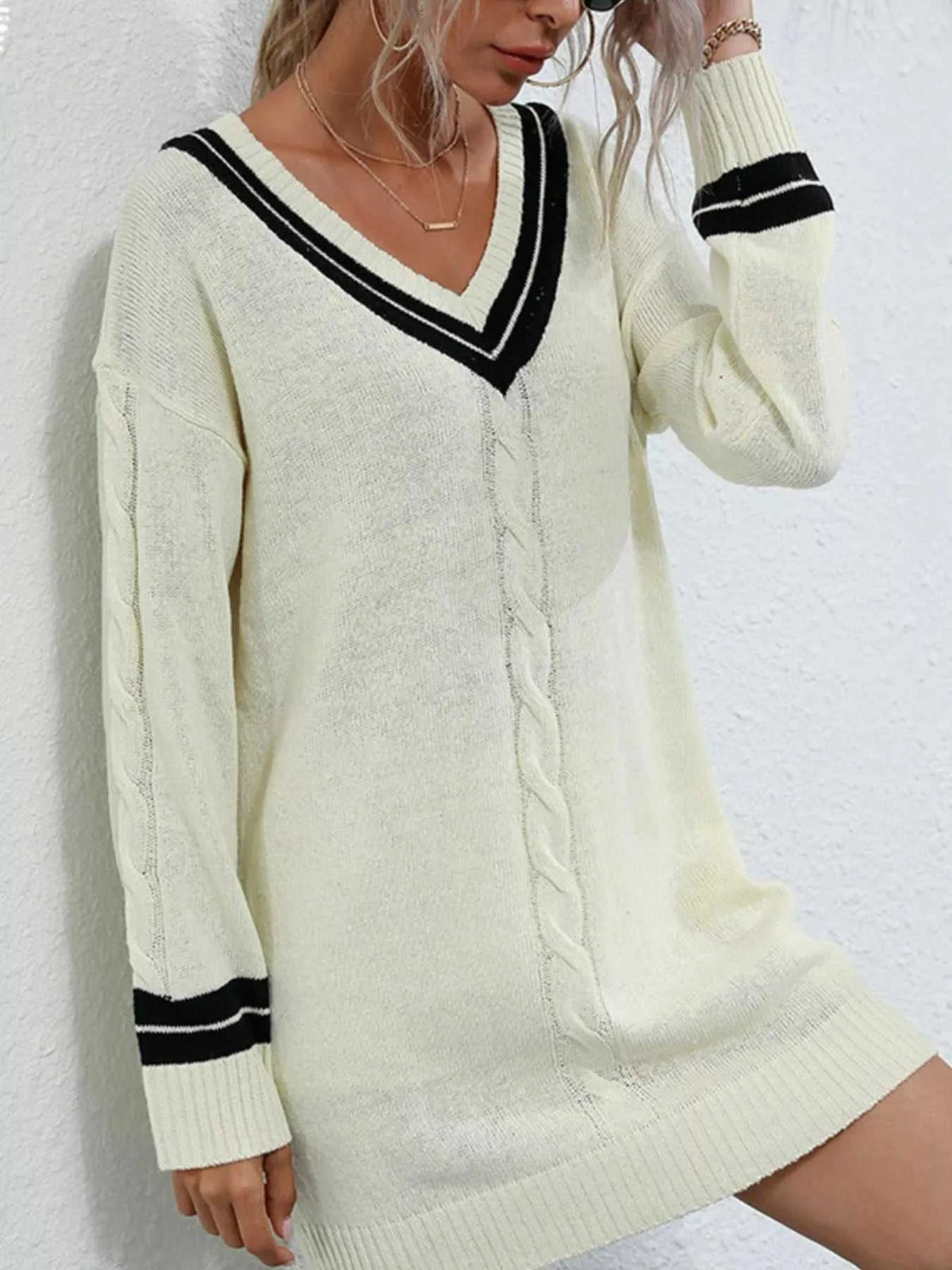 V-Neck Striped Trim Cable Knit Sweater Dress 100100385204687 52 Affordable Fashion Under $100 Jerry's Apparel 