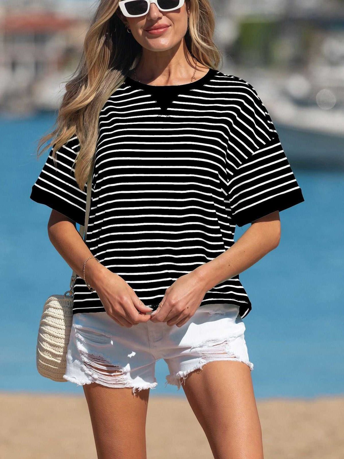 Stripe Ribbed Patchwork Seam Detail Half Sleeve Tee 100100030150756 29 Affordable Fashion Under $100 Jerry's Apparel 