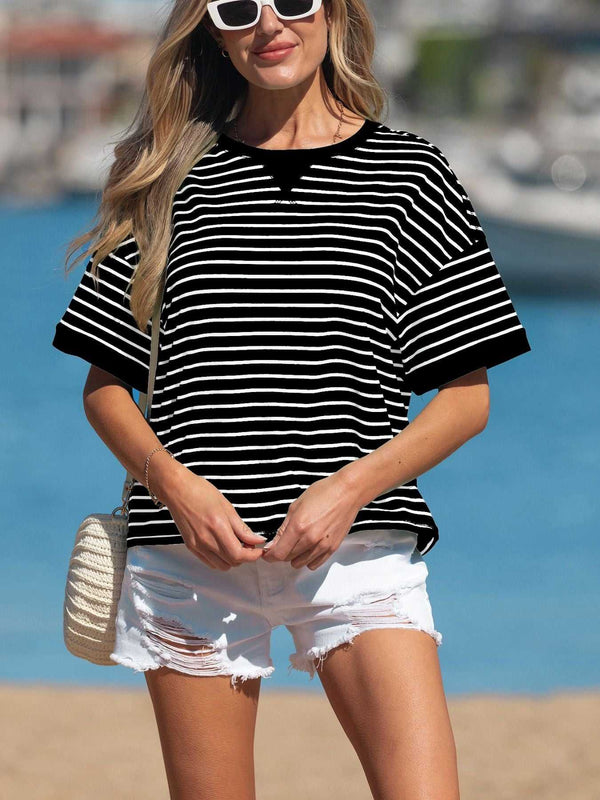 Stripe Ribbed Patchwork Seam Detail Half Sleeve Tee 100100030150756 29 Affordable Fashion Under $100 Jerry's Apparel 