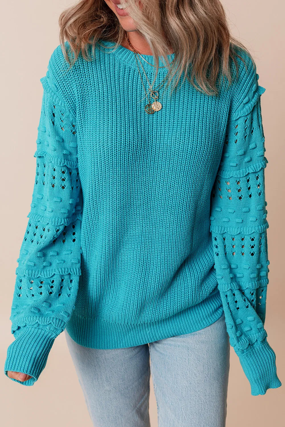 Openwork Frill Round Neck Long Sleeve Sweater