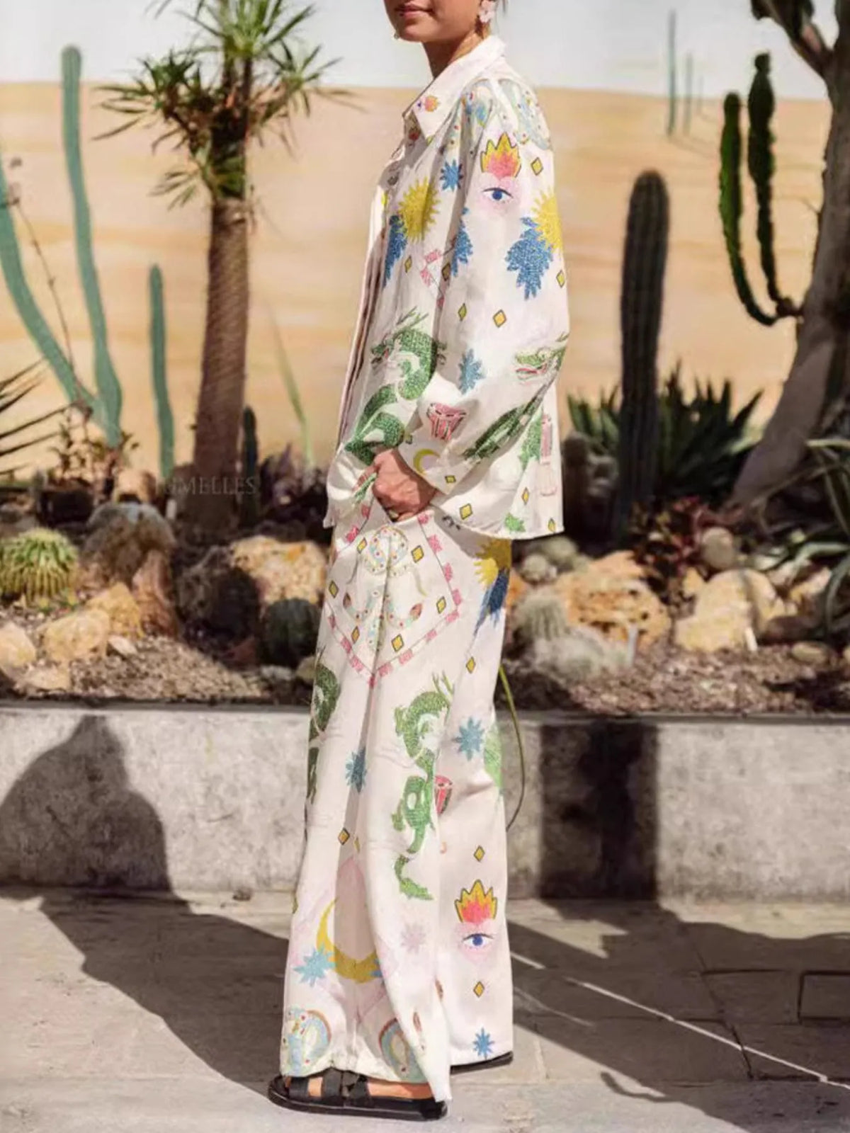 Printed Button Up Shirt and Pants Set