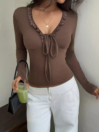 Lace-Trimmed V-Neck Long Sleeve T-Shirt 101001034091782 33 Affordable Fashion Under $100 Jerry's Apparel 