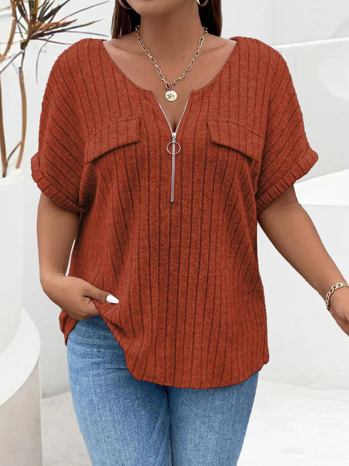 Plus Size Ribbed Half Zip Relaxed Fit T-Shirt