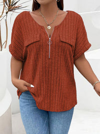 Plus Size Ribbed Half Zip Relaxed Fit T-Shirt