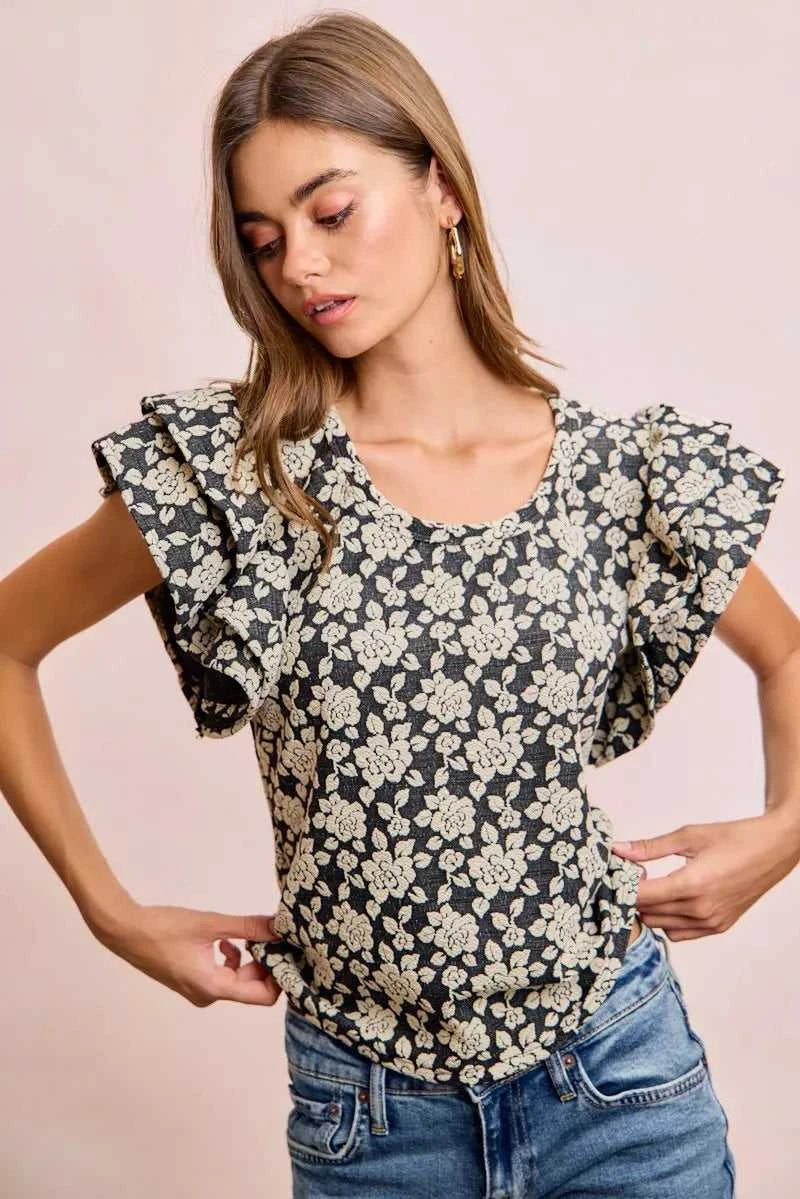 BiBi Floral Jacquard Ruffle Sleeves Knit Top 100100264791752 46 Affordable Fashion Under $100 Jerry's Apparel 