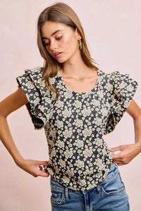 BiBi Floral Jacquard Ruffle Sleeves Knit Top 100100264791752 46 Affordable Fashion Under $100 Jerry's Apparel 