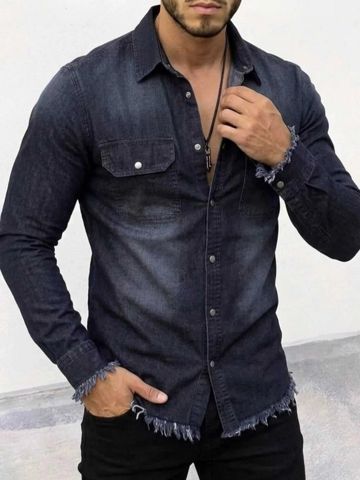 Men's Frayed Hem Denim Shirt 104003540187673 49 Affordable Fashion Under $100 Jerry's Apparel 