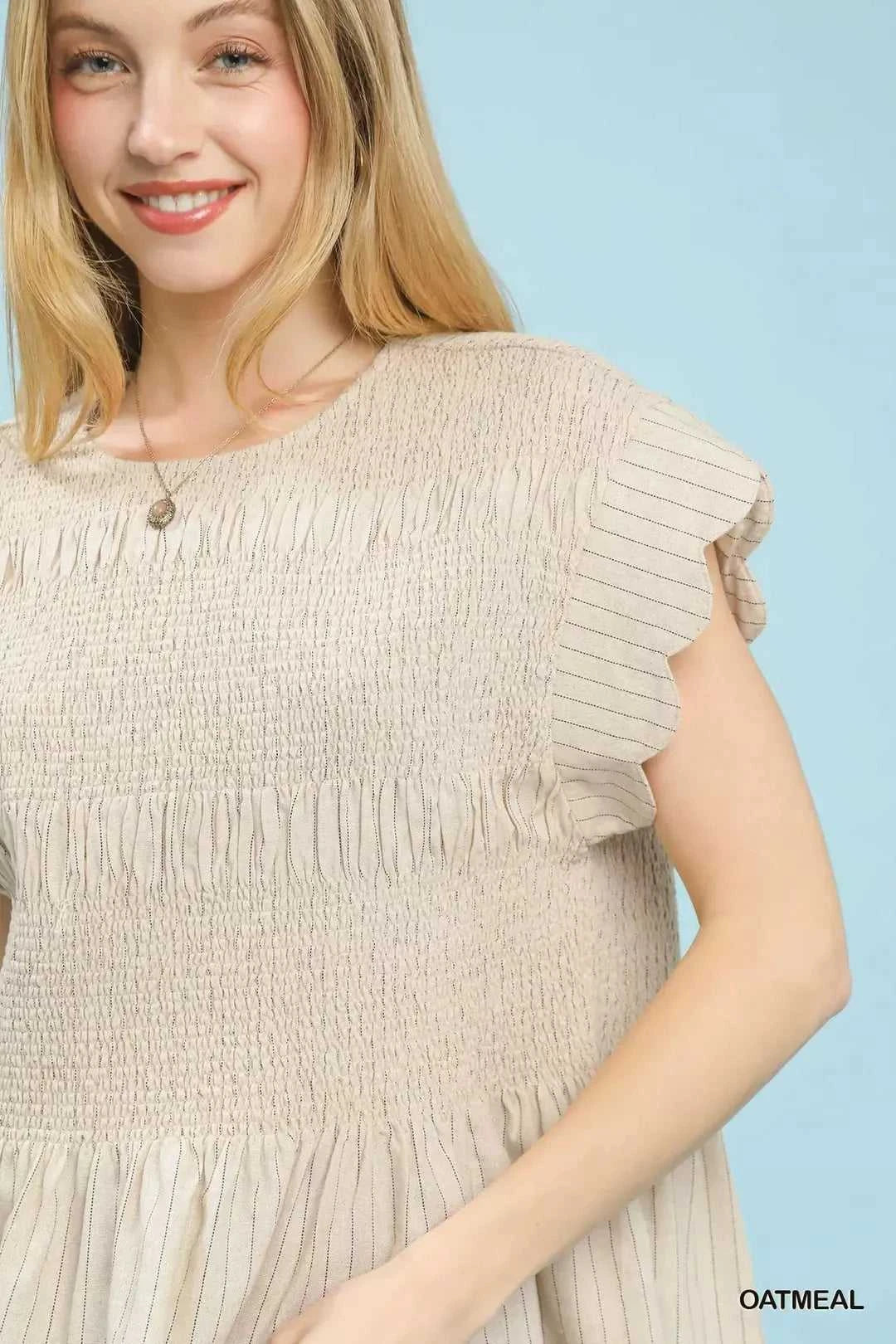 Umgee Pinstripe Smocked Peplum Top 100100452731552 53 Affordable Fashion Under $100 Jerry's Apparel 
